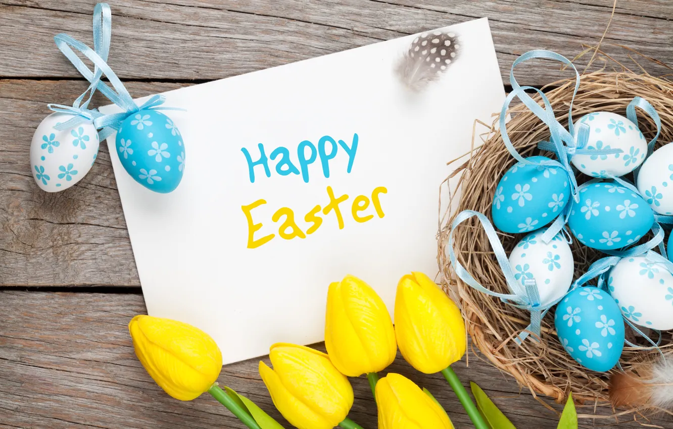 Photo wallpaper Easter, tulips, flowers, tulips, spring, Easter, eggs, Happy
