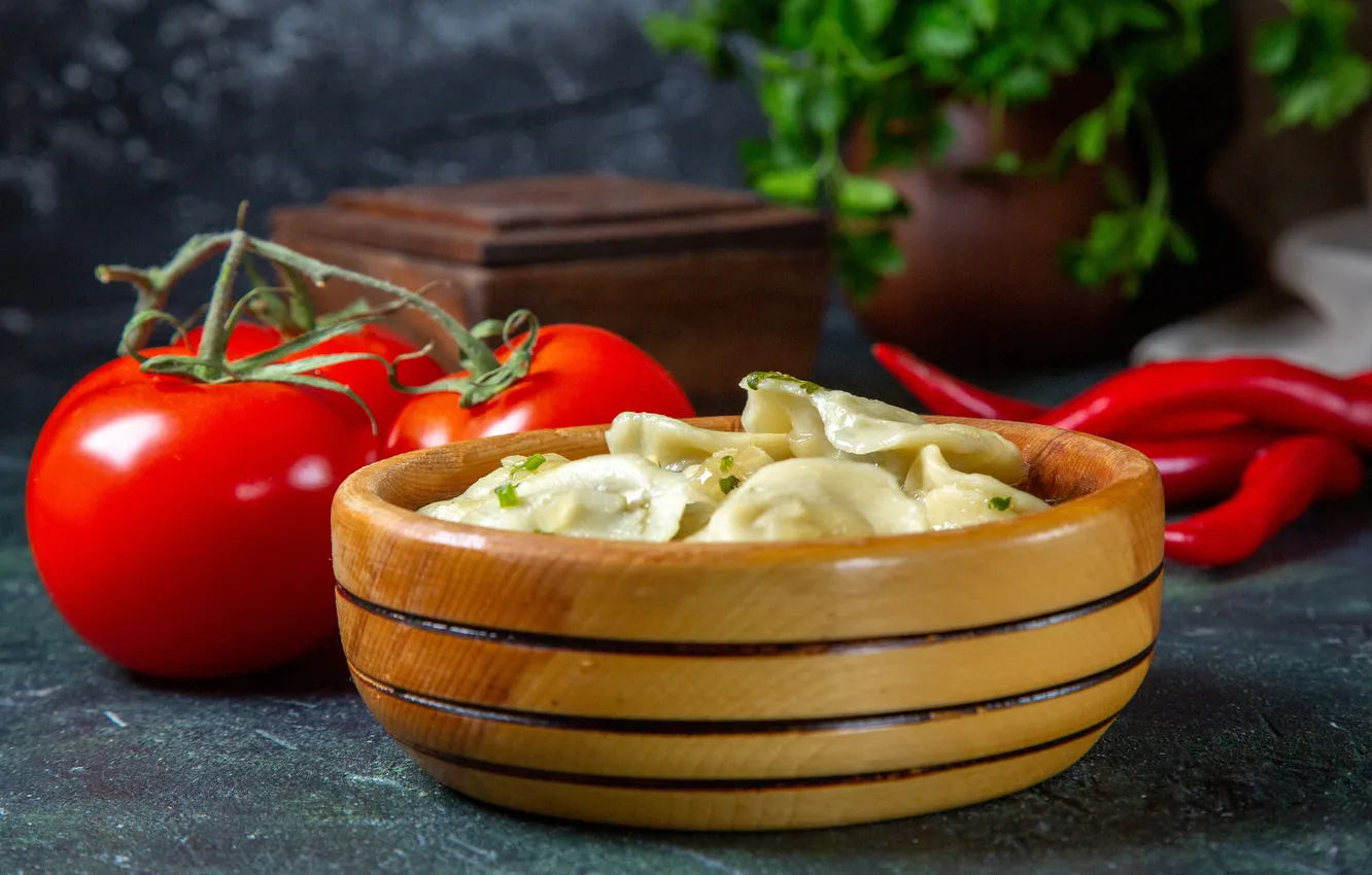 Photo wallpaper pepper, tomatoes, dumplings