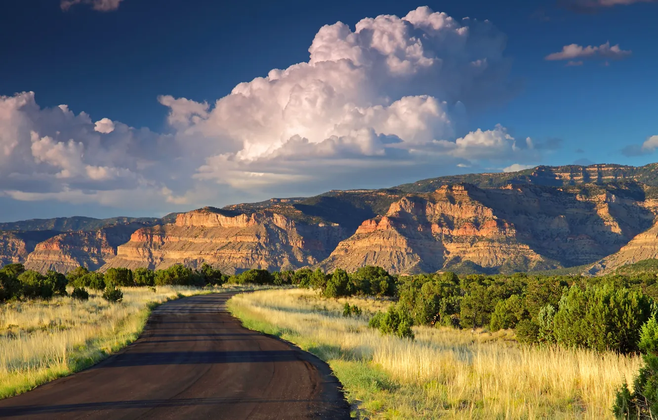 Photo wallpaper road, clouds, mountains, dawn, Utah, utah