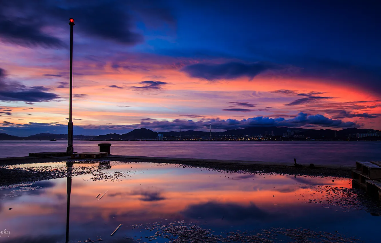 Photo wallpaper mountains, the city, the ocean, dawn, pier