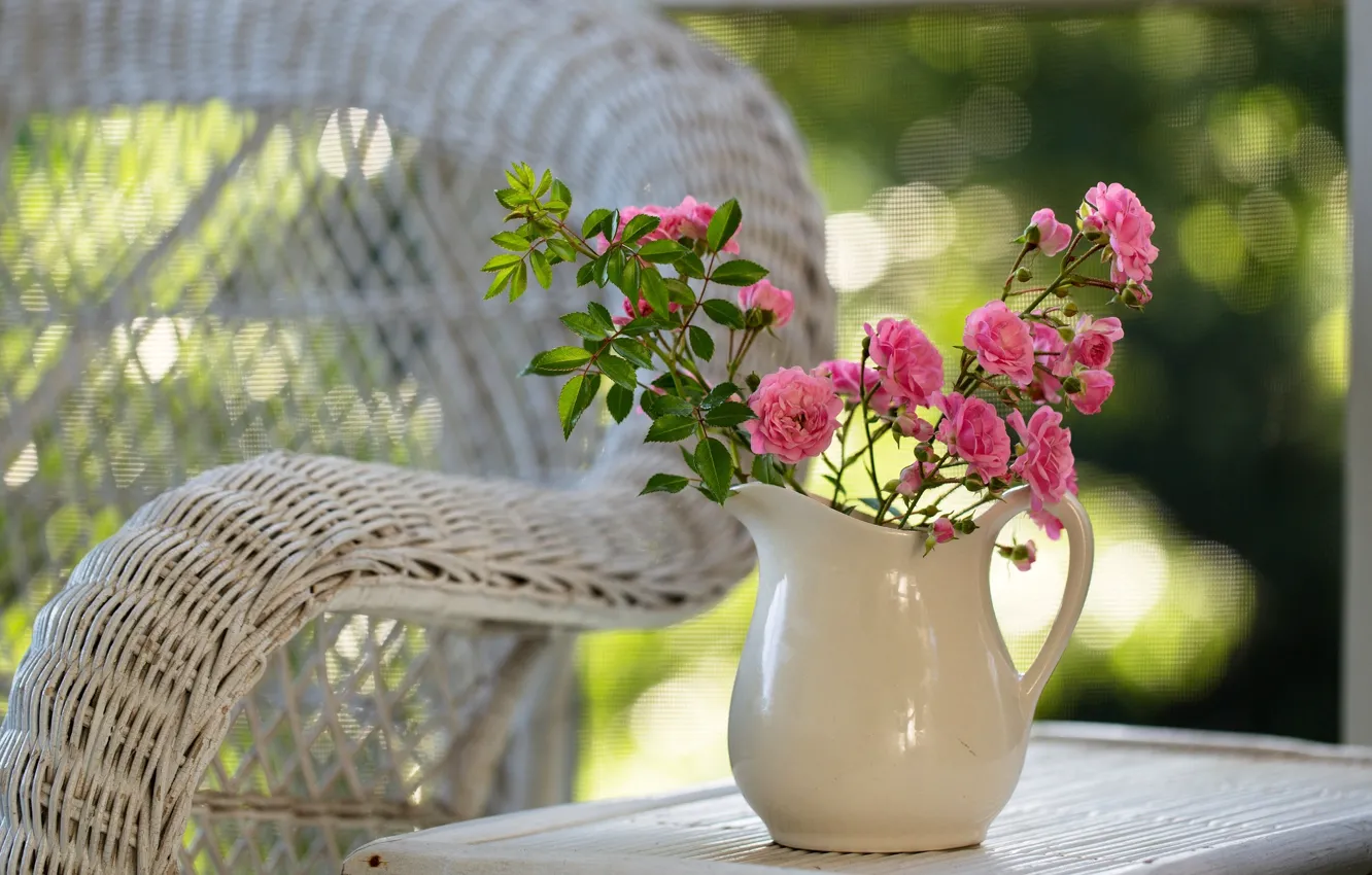 Photo wallpaper flowers, nature, table, roses, chair, pink, pitcher