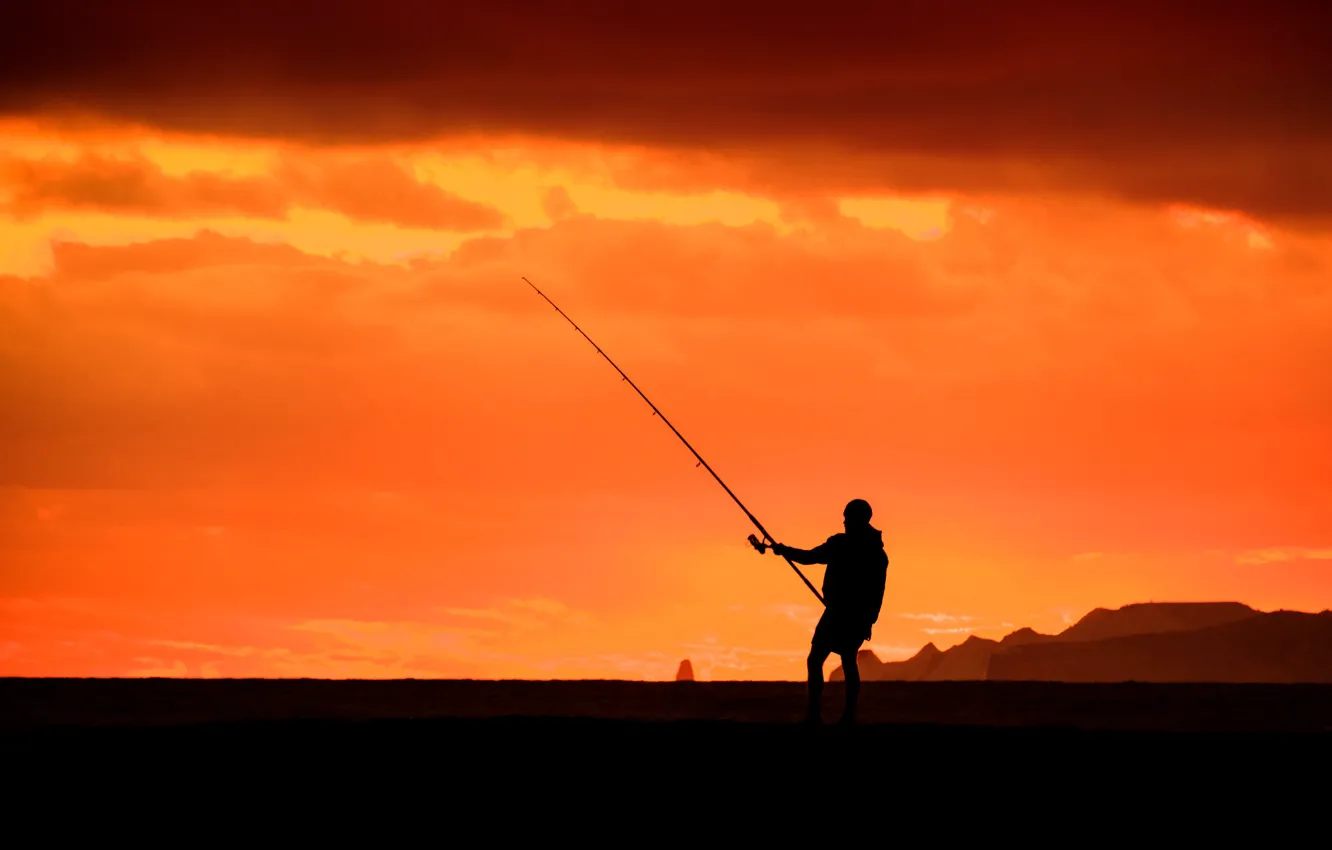 Photo wallpaper sunset, fishing, silhouette