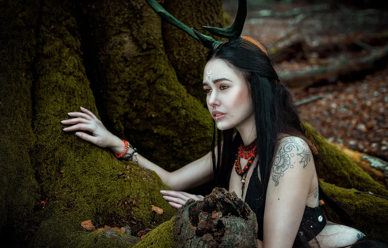 Photo wallpaper forest, girl, roots, moss, horns, tattoo, Silent Purr