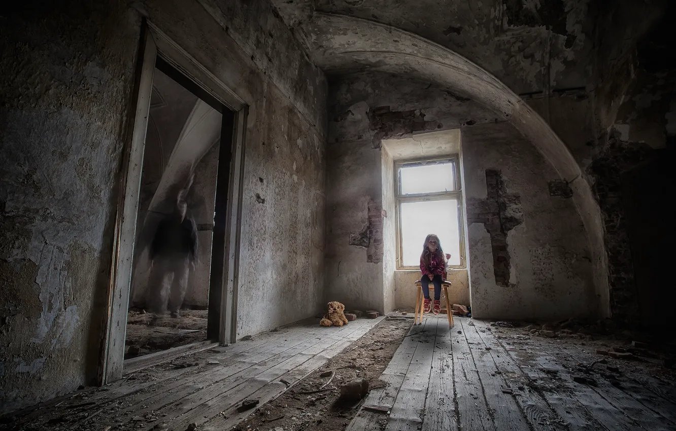 Photo wallpaper abandoned house, stop child violence, stop the violence child