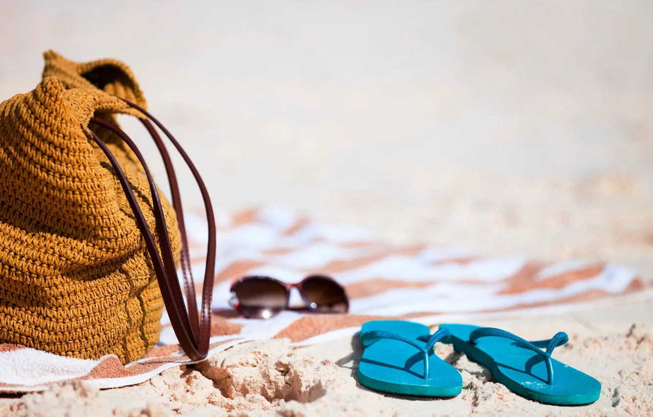 Photo wallpaper sand, beach, summer, the sun, glasses, summer, bag, beach