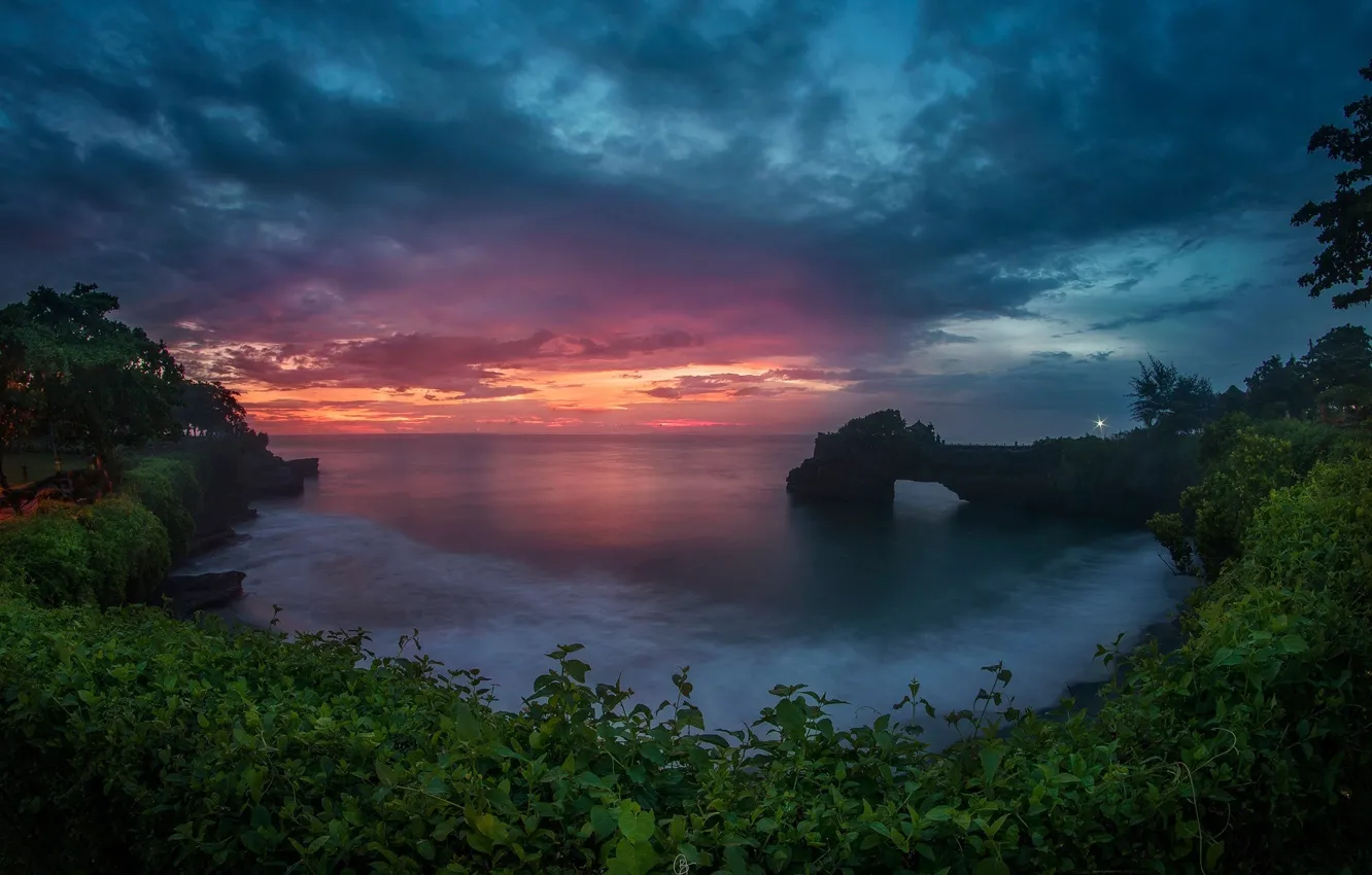 Photo wallpaper sea, greens, the sky, sunset, rocks, the evening, arch, the bushes