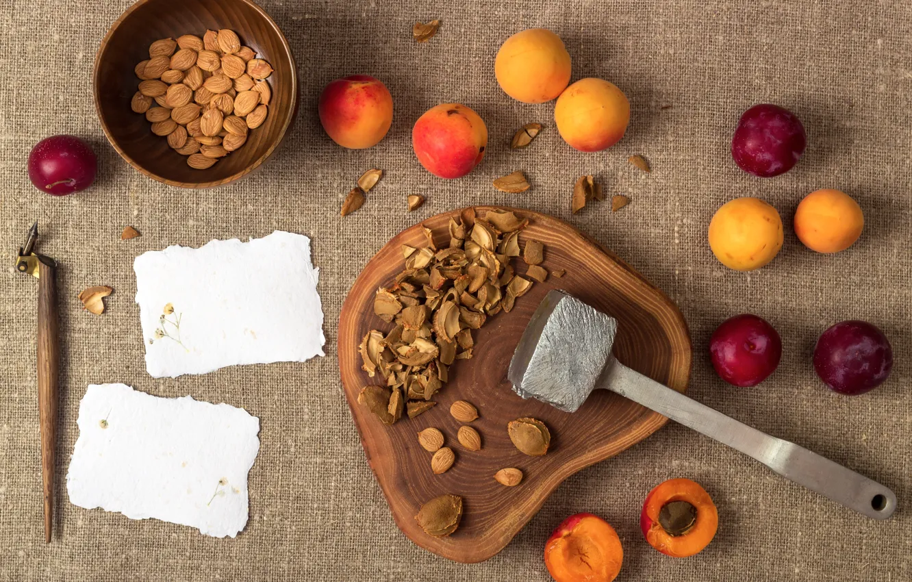Photo wallpaper hammer, nuts, apricots, drain