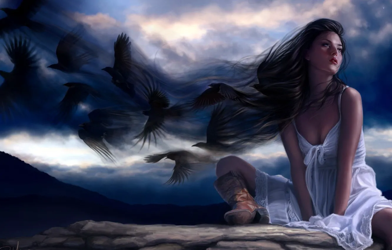 Photo wallpaper the sky, blue, black, boots, art, women, Ravens
