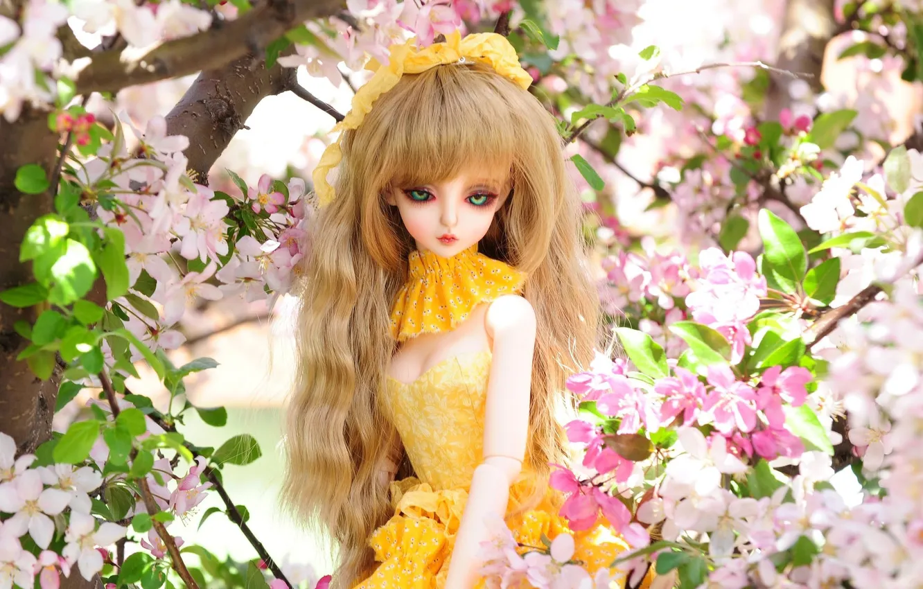 Photo wallpaper flowers, cherry, hair, toy, doll, Rus