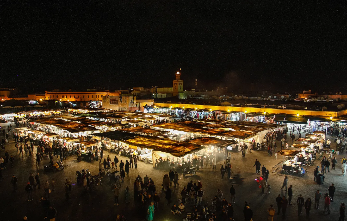 Photo wallpaper night, lights, area, Bazaar, Morocco, Marrakech