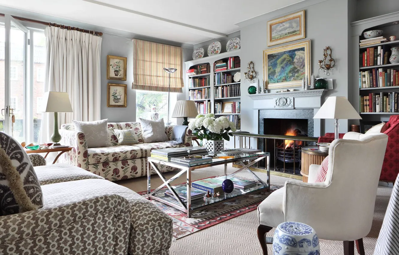Photo wallpaper design, interior, fireplace, library, living room, English style, Chelsea Flat