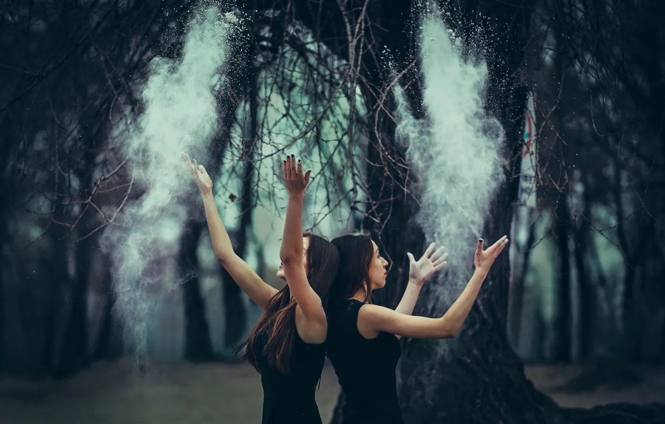 Photo wallpaper forest, girls, dust, gesture