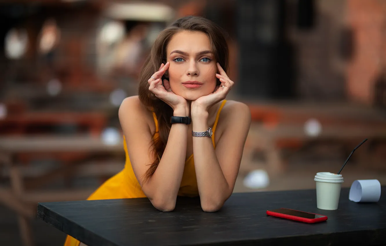 Photo wallpaper look, girl, face, watch, hands, Cup, bokeh, smartphone