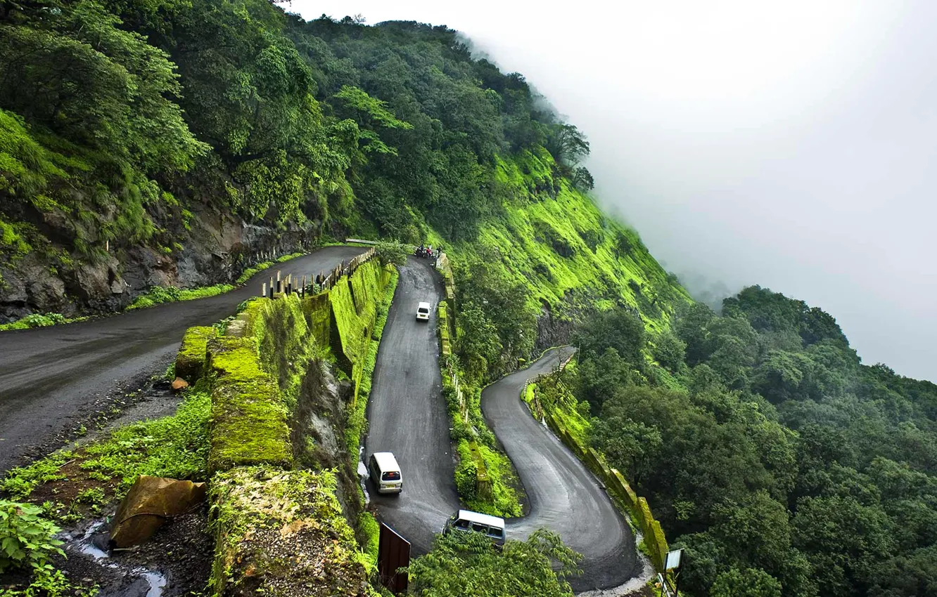 Photo wallpaper road, fog, India, serpentine, Maharashtra, mountain station, Matheran