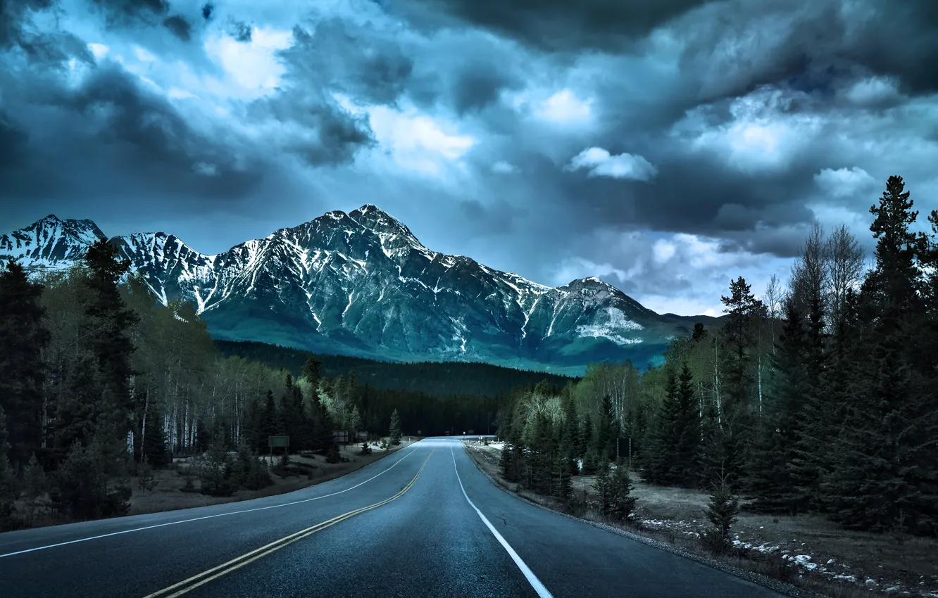 Photo wallpaper road, forest, the sky, mountains, clouds, forest, road, sky