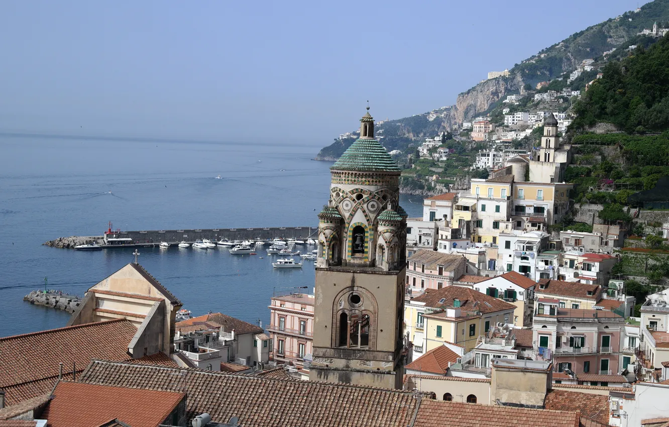 Photo wallpaper sea, mountains, the city, home, Italy, Amalfi, the bell tower