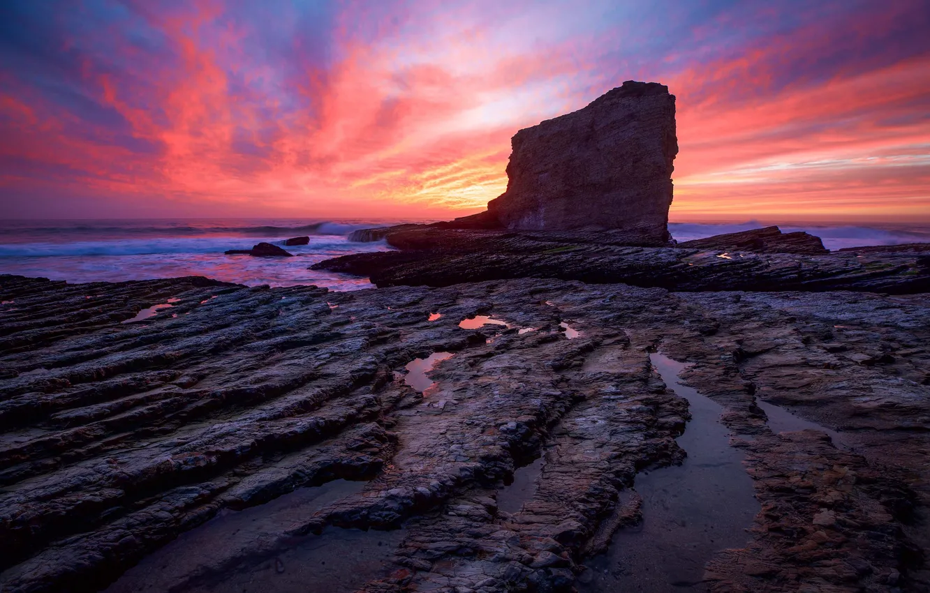 Photo wallpaper sea, the sky, sunset, stones, shore, horizon