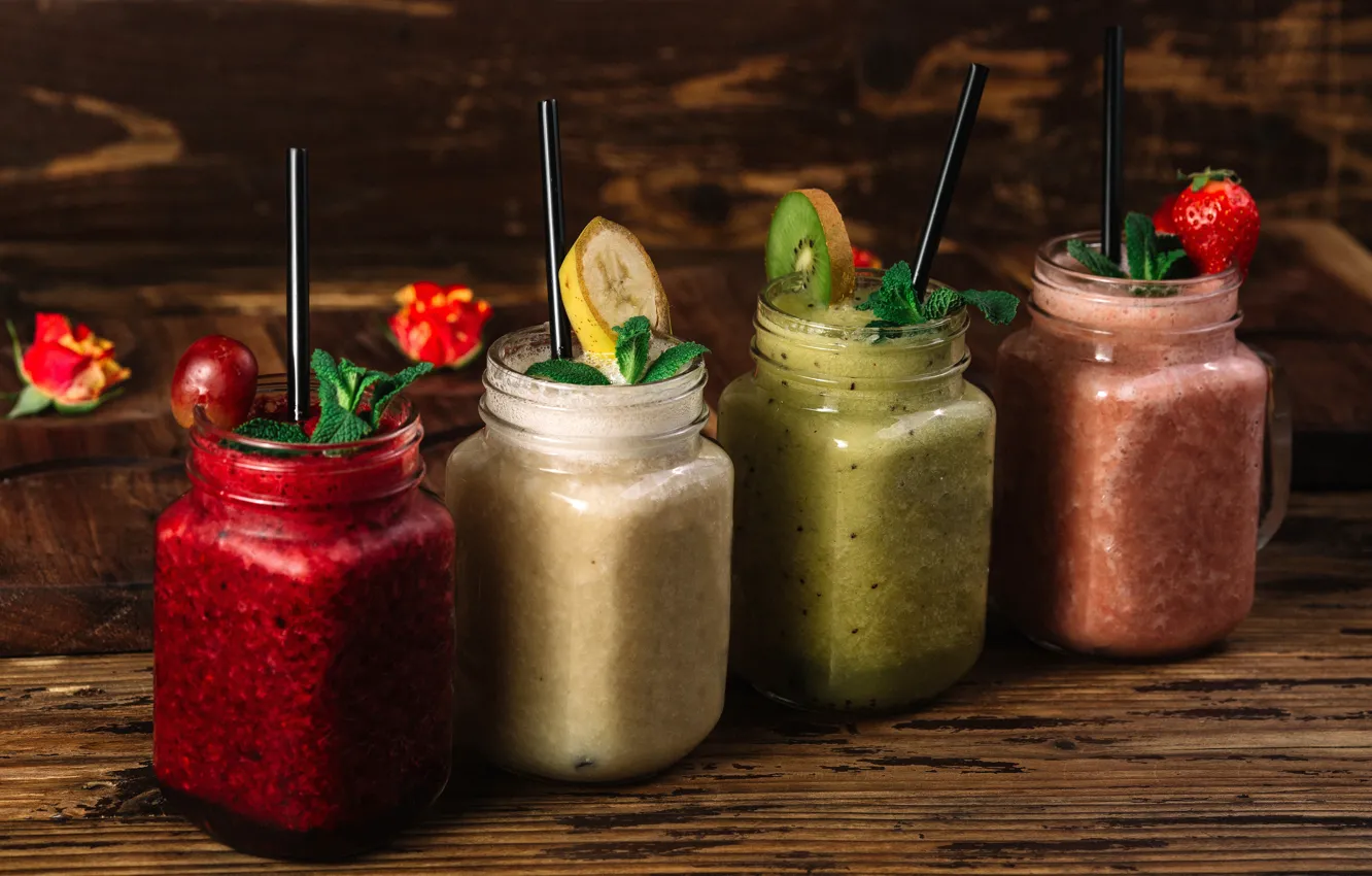 Photo wallpaper cherry, berries, kiwi, strawberry, bananas, drink, fruit, mint