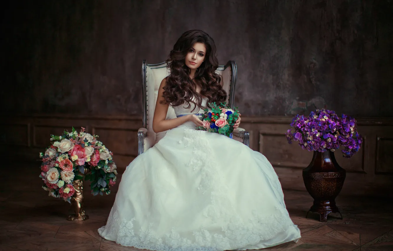 Photo wallpaper girl, flowers, bouquet, the bride