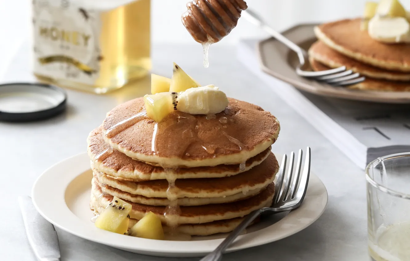 Photo wallpaper kiwi, honey, banana, pancakes, pancake