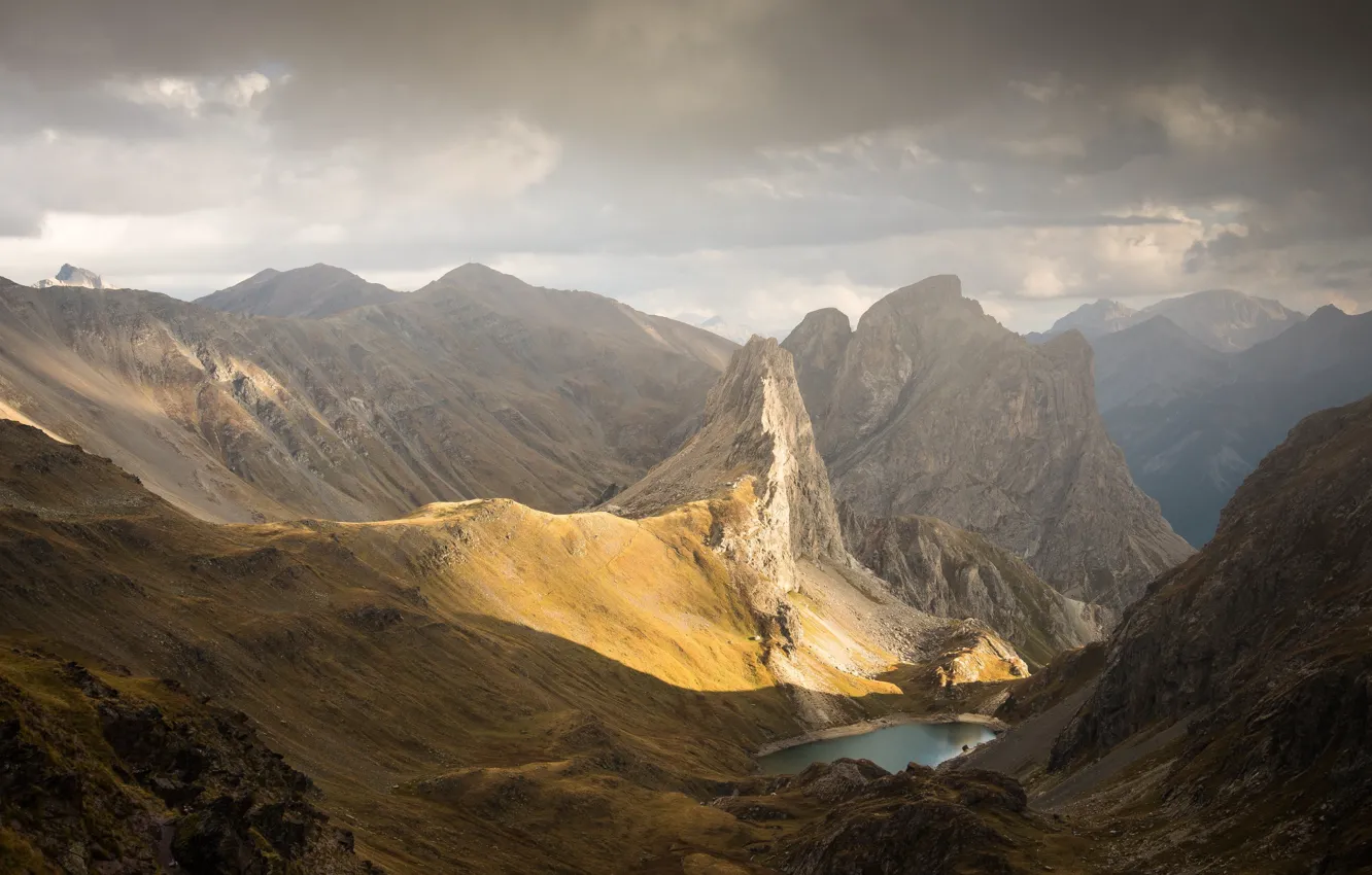 Photo wallpaper clouds, landscape, mountains, lake