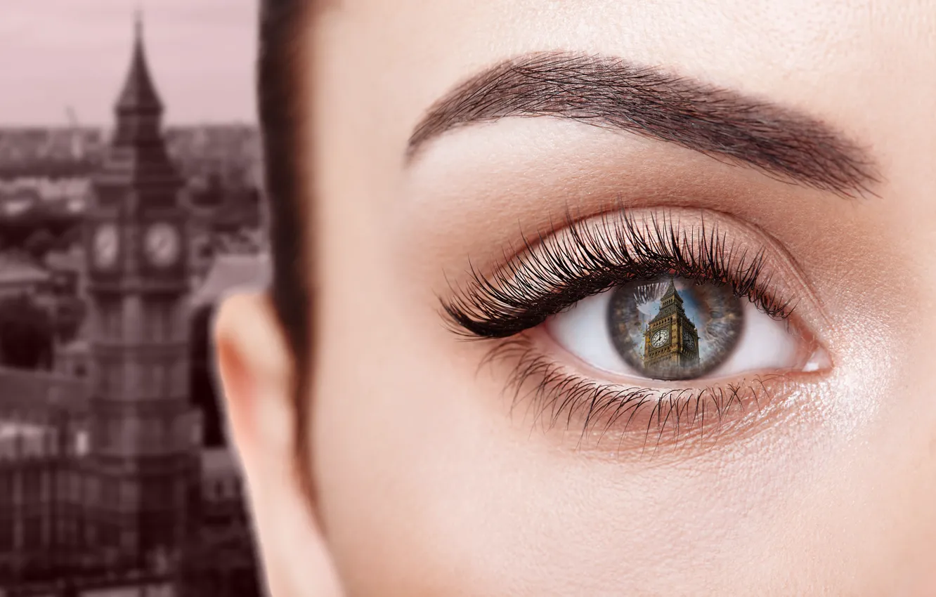 Photo wallpaper eyes, look, girl, macro, face, the city, eyelashes, reflection