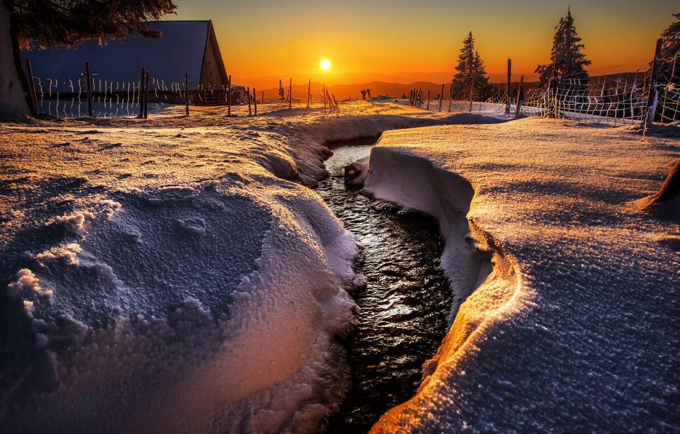 Photo wallpaper winter, the sun, snow, landscape, sunset, nature, house, stream