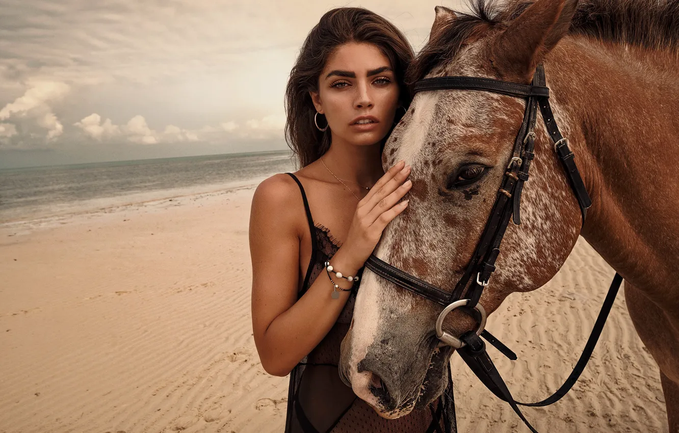 Photo wallpaper sea, look, girl, shore, horse, Tommy Napolitano