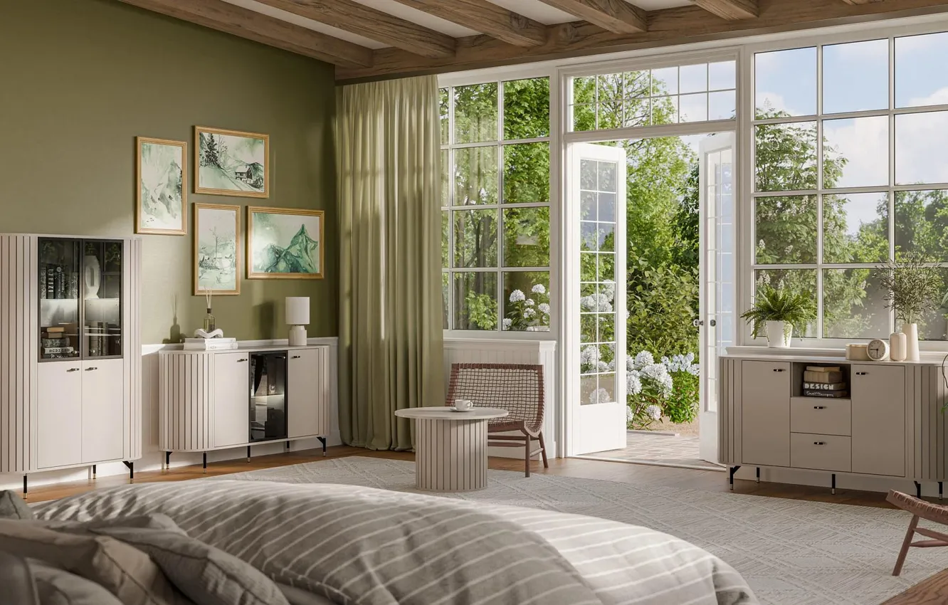 Photo wallpaper style, Villa, interior, bright room, Italian design, bedroom with access to the courtyard