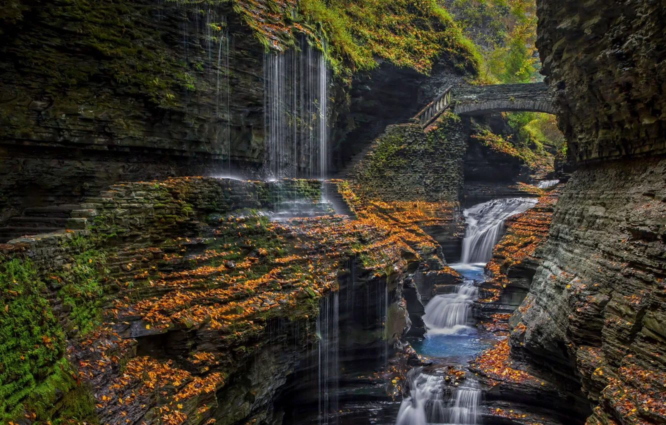 Photo wallpaper bridge, waterfall, Rainbow Falls, Watkins Glen State Park, New York State, Finger Lakes