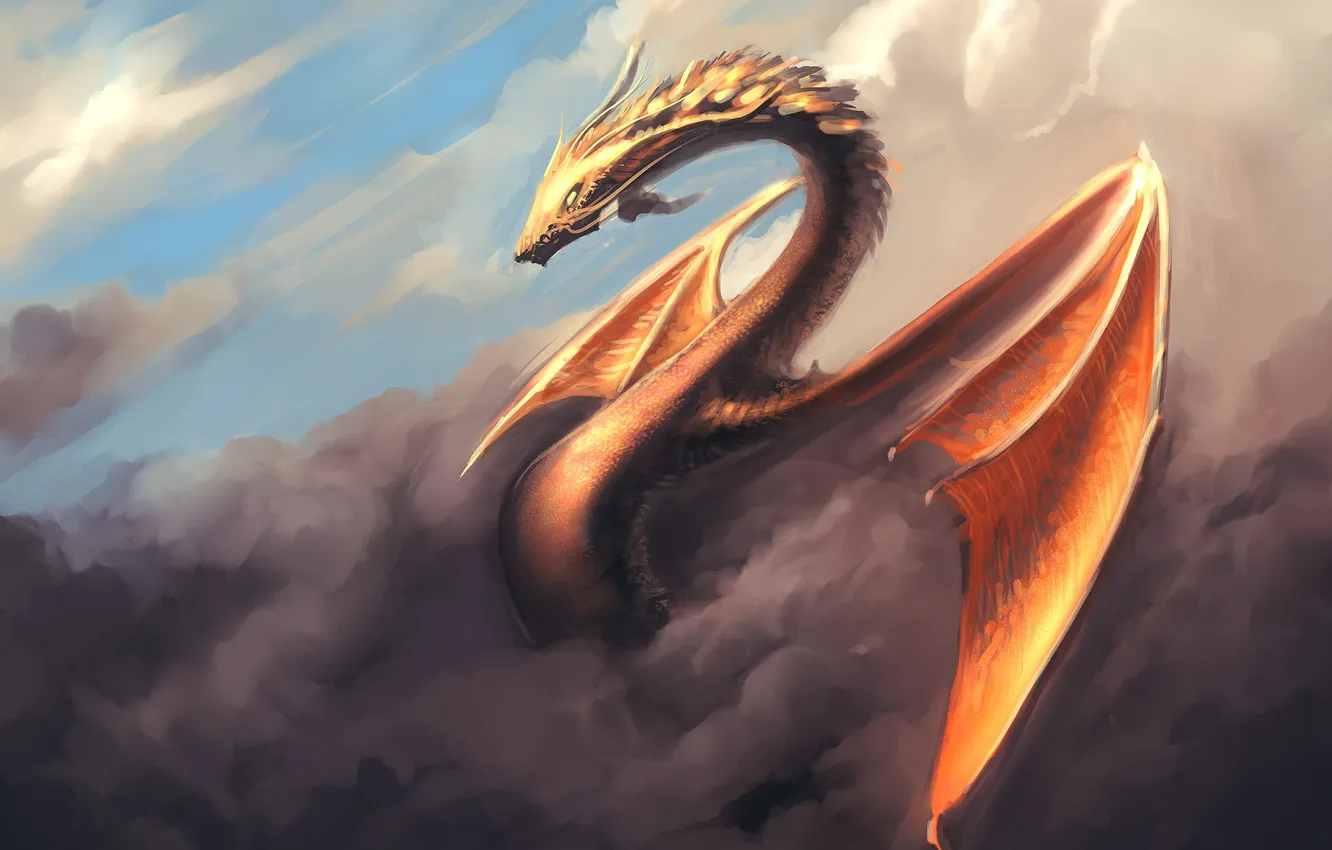 Photo wallpaper the sky, clouds, dragon, wings, art