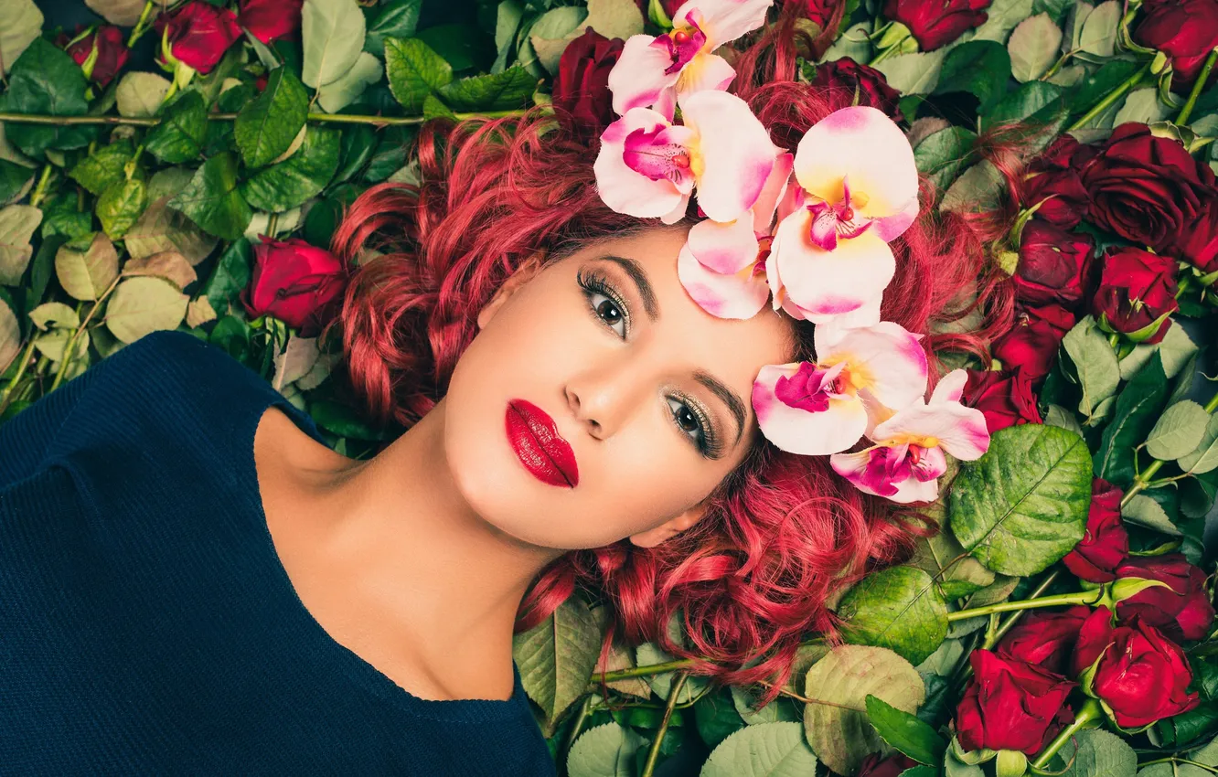 Photo wallpaper look, flowers, face, background, makeup, Chaima