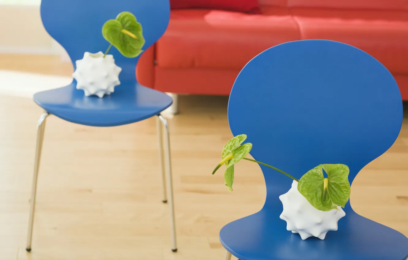 Photo wallpaper leaves, blue, green, room, interior, chair, apartment, red sofa