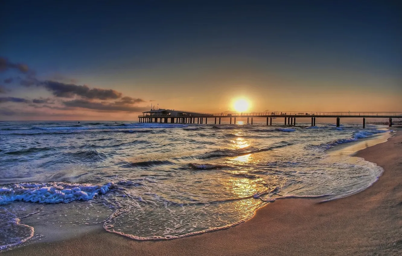 Photo wallpaper sea, sunset, bridge, coast