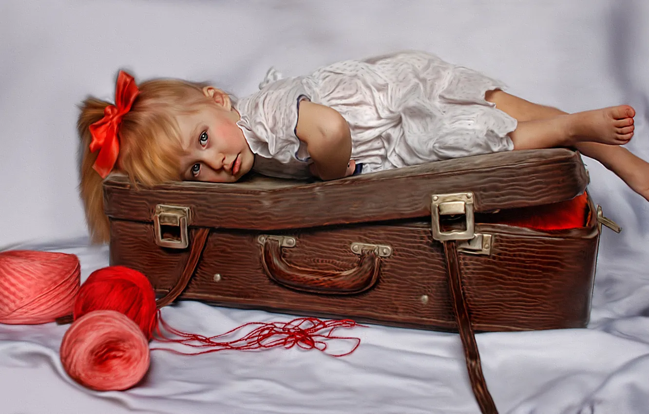 Photo wallpaper texture, girl, suitcase, thread