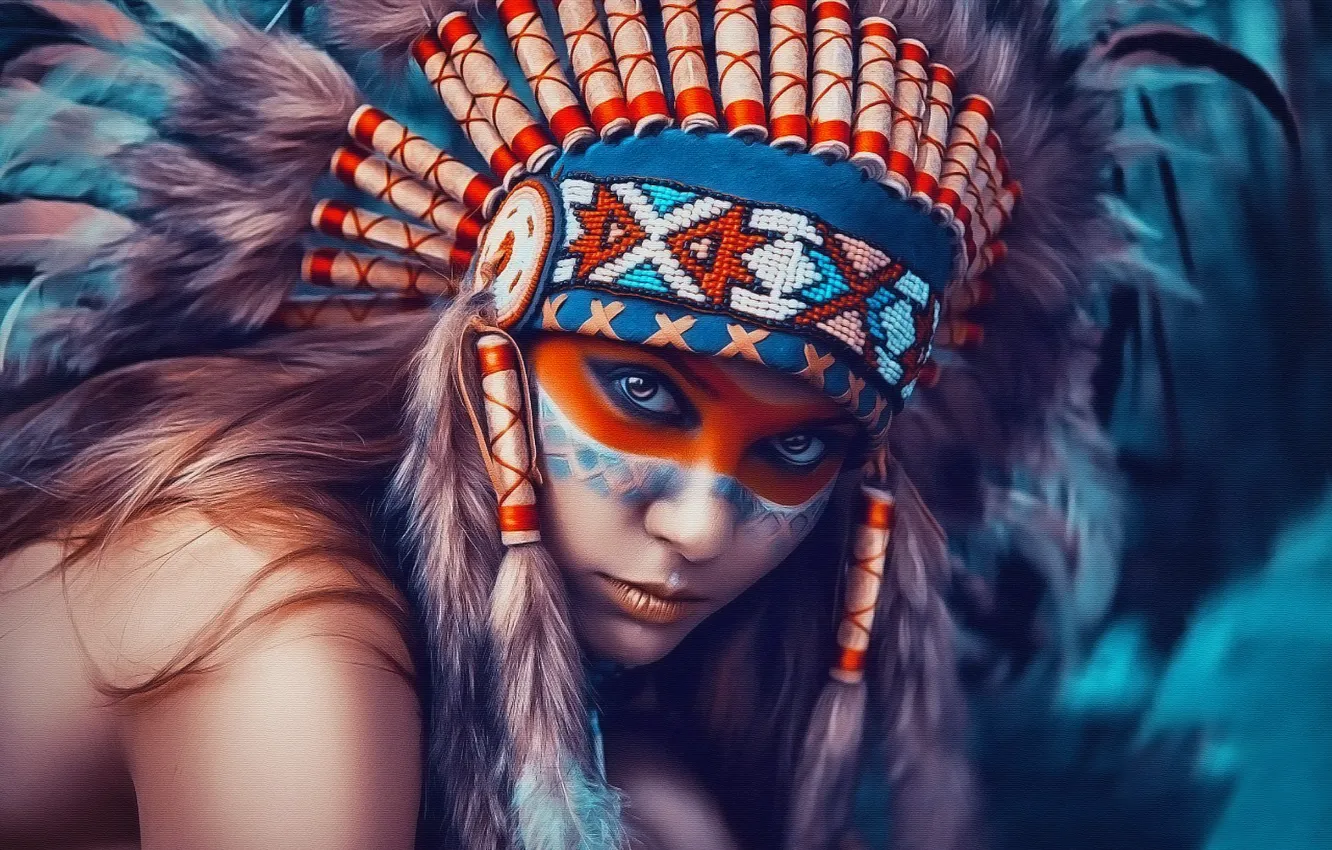 Photo wallpaper girl, portrait, texture, feathers, headdress, Indian, war paint, like painting