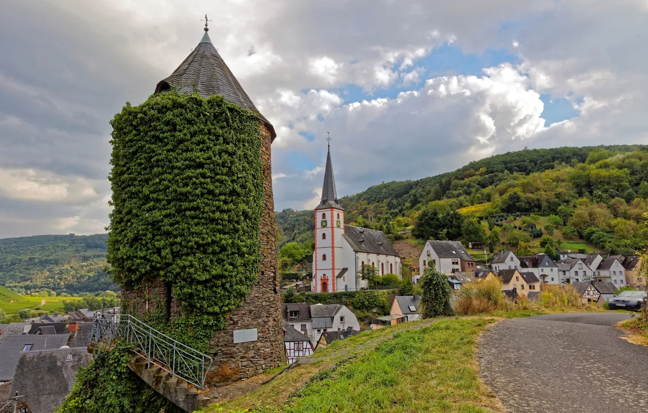 Photo wallpaper road, clouds, trees, tower, home, Germany, town, Briedel