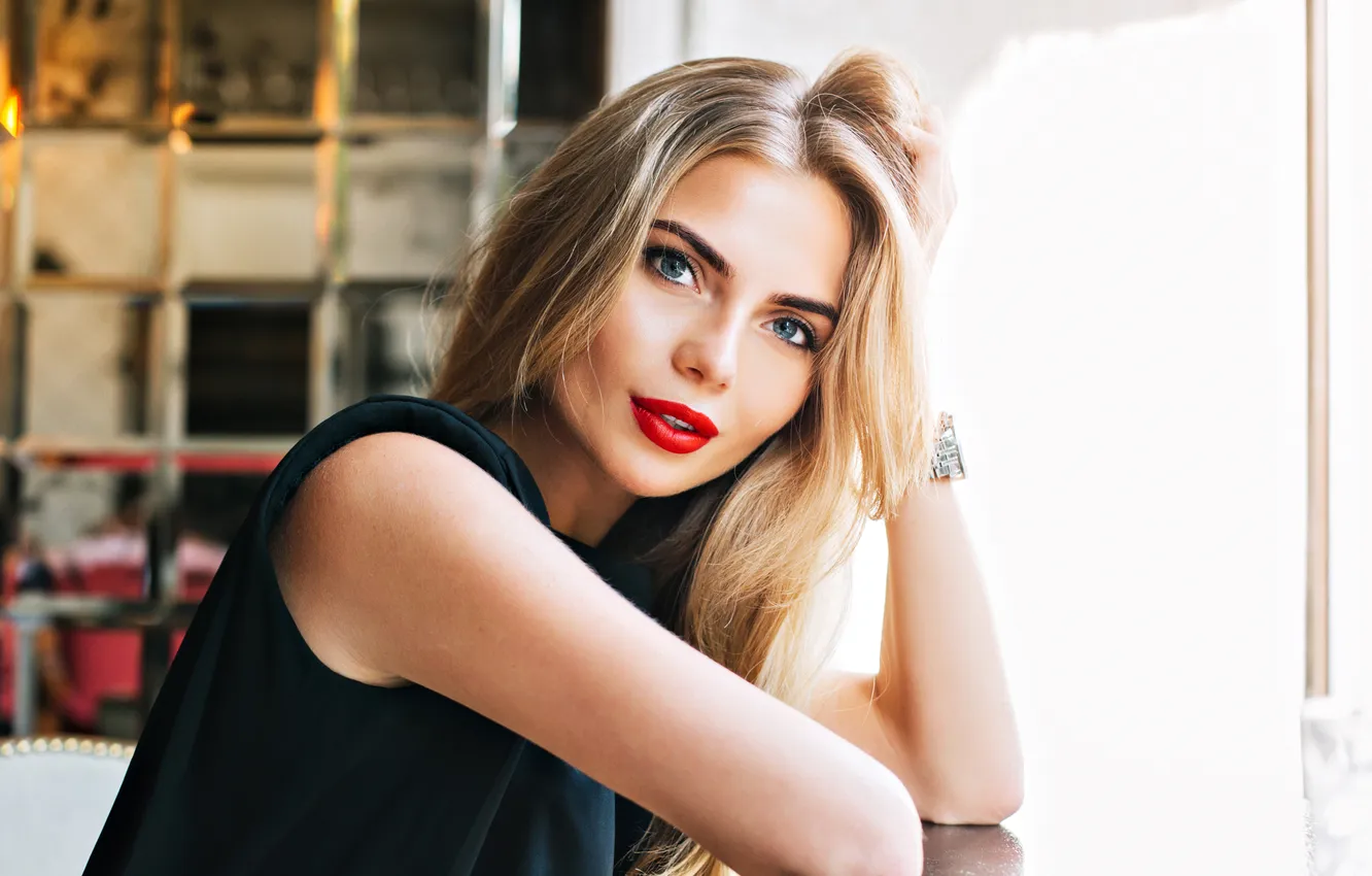 Photo wallpaper red, girl, beautiful, model, pretty, lips, sweet, look