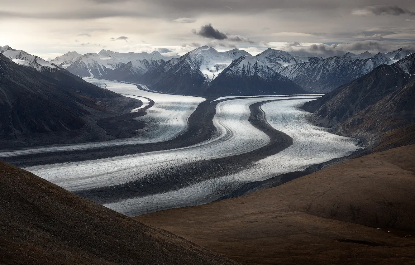 Photo wallpaper winter, road, clouds, snow, mountains, river, shore, tops
