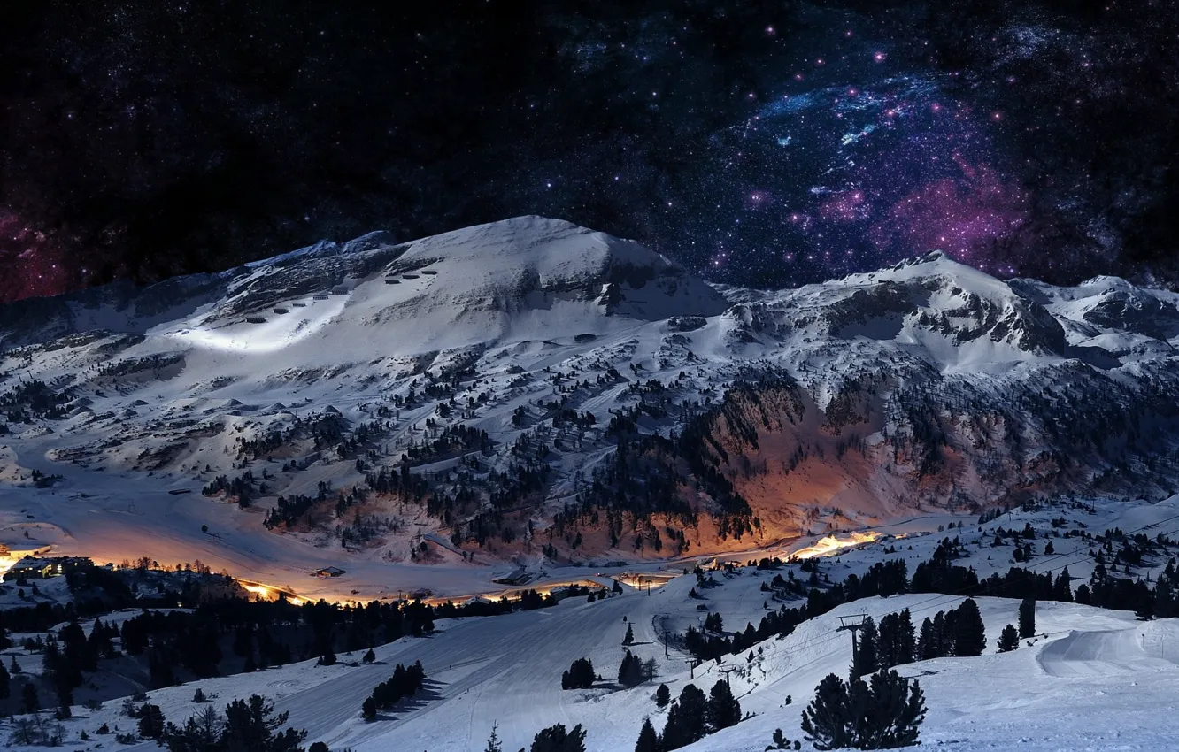 Photo wallpaper winter, mountains, starry sky