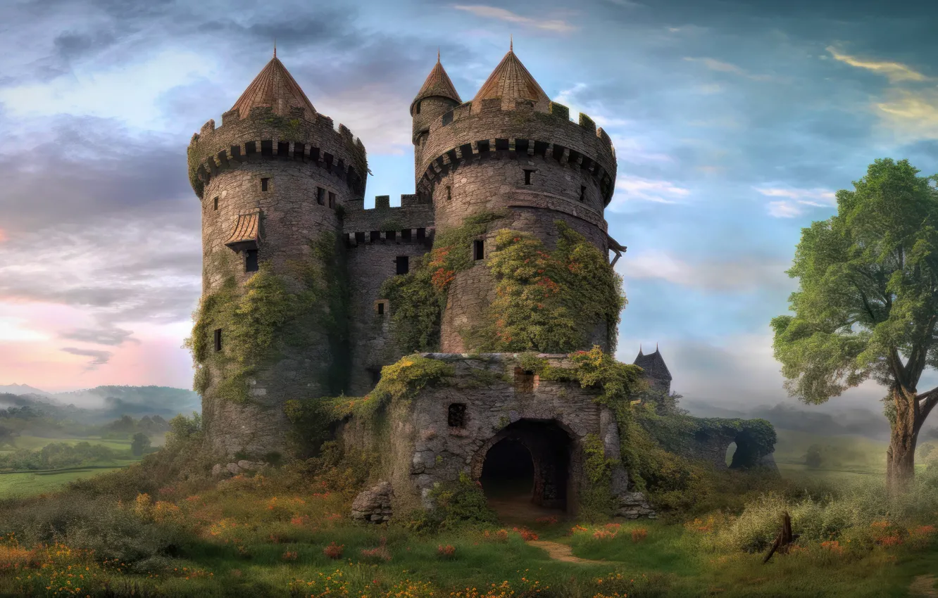 Photo wallpaper field, summer, the sky, clouds, trees, castle, tower, tale