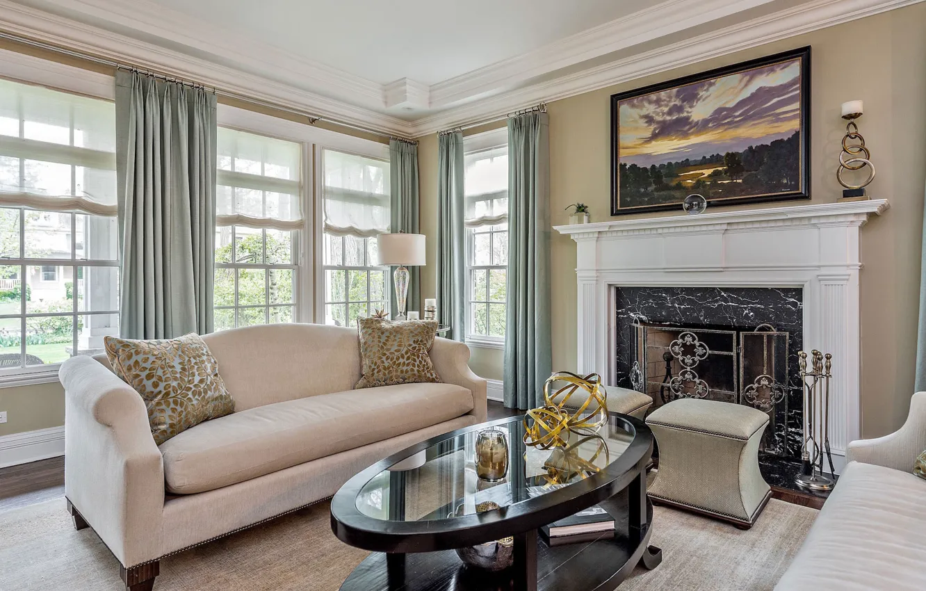 Photo wallpaper interior, fireplace, living room, North Shore