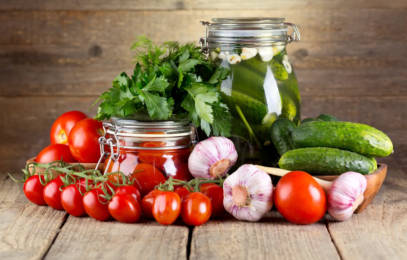 Photo wallpaper greens, tomatoes, cucumbers, garlic, tomatoes, greens, garlic, preserving