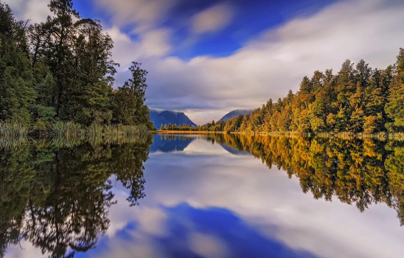 Photo wallpaper autumn, forest, trees, mountains, lake, reflection, New Zealand, New Zealand