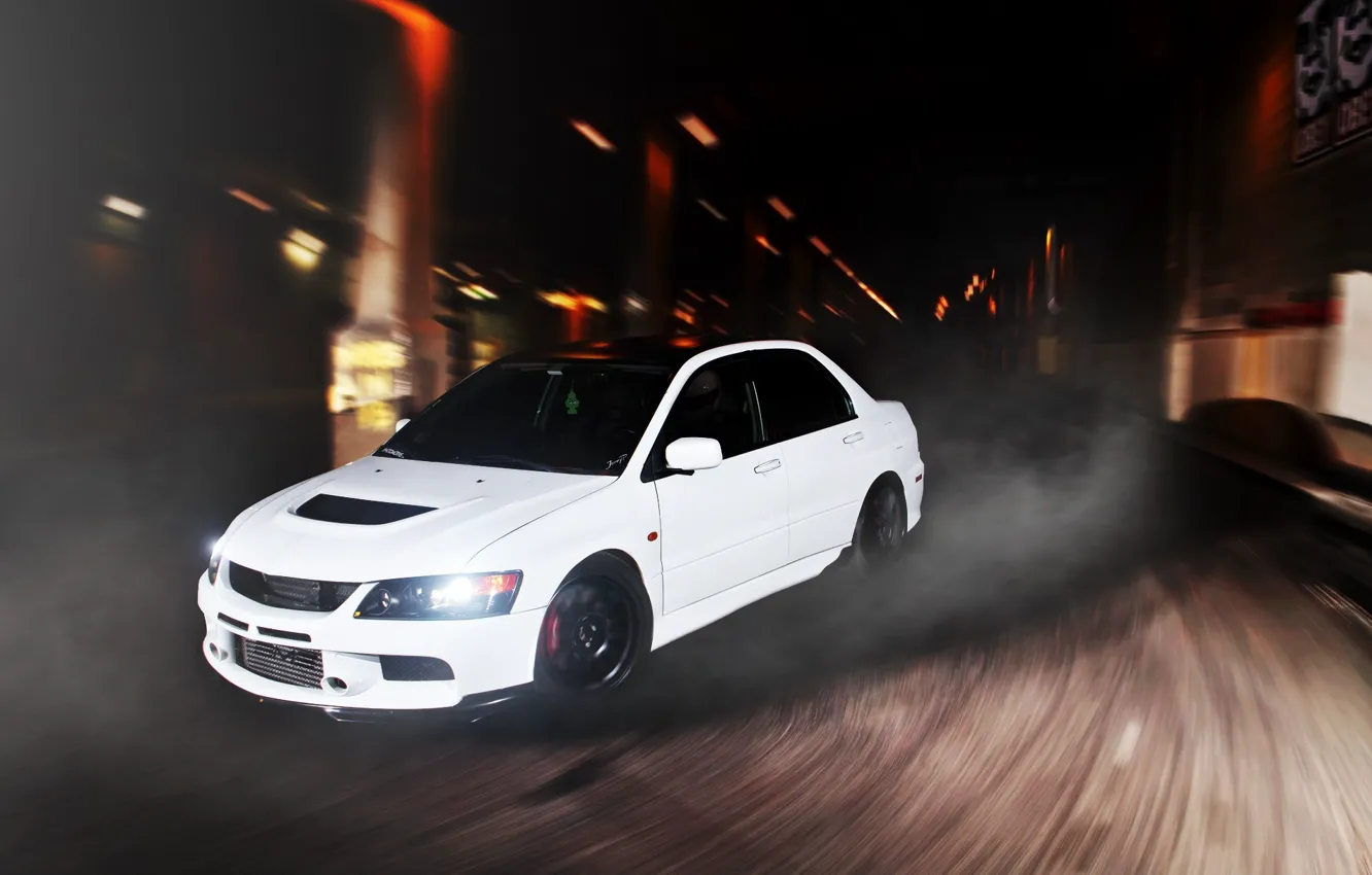 Photo wallpaper white, speed, turn, Mitsubishi, Lancer, white, Evolution, front