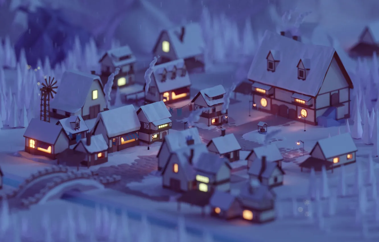 Photo wallpaper lights, windows, forest, trees, bridge, night, winter, snow