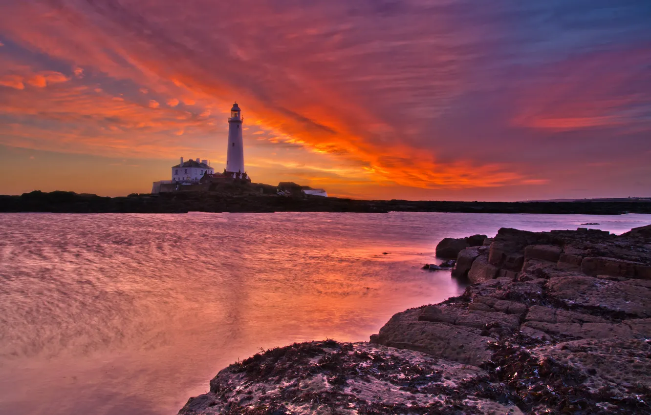Photo wallpaper sea, the sky, clouds, stones, lighthouse, glow