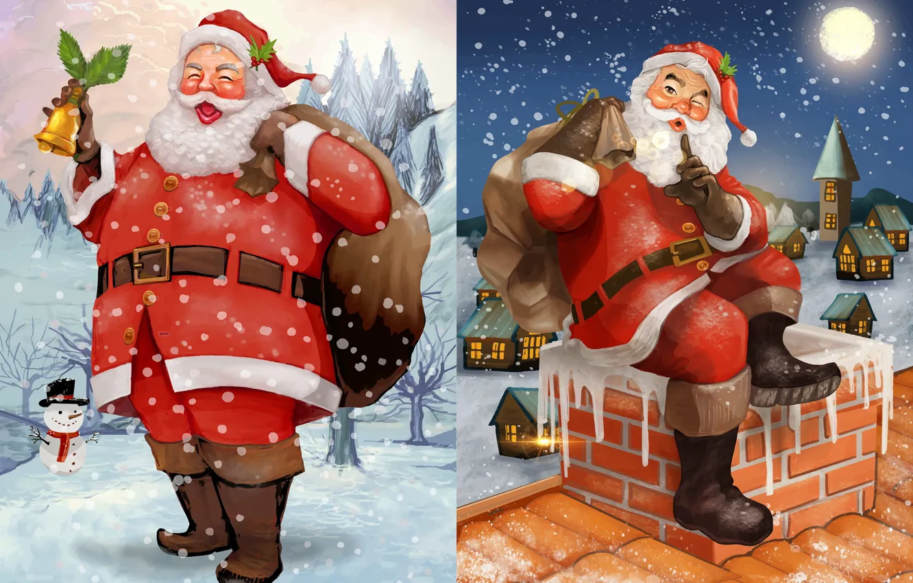 Photo wallpaper roof, holiday, new year, pipe, Christmas, bag, bells, Santa Claus