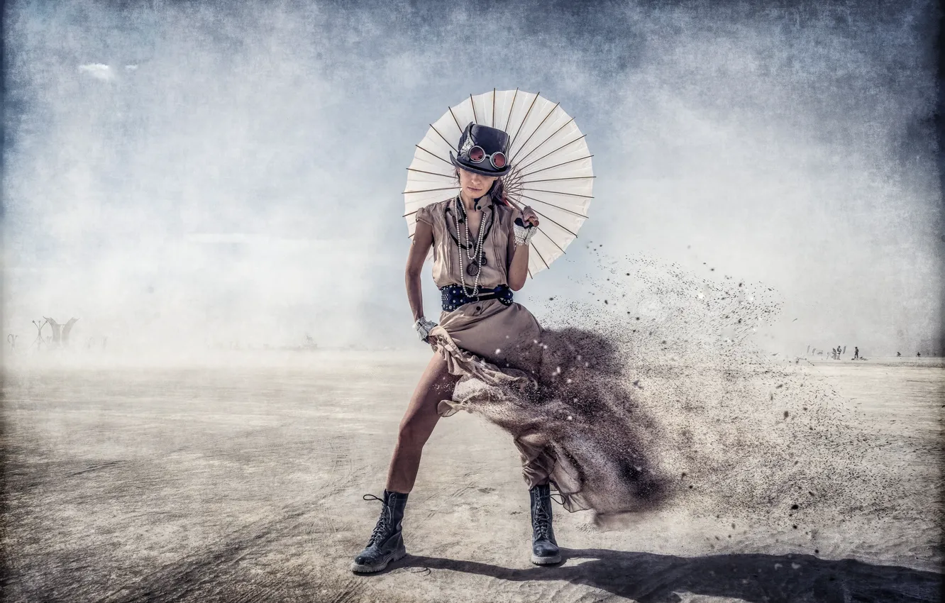 Photo wallpaper girl, the wind, umbrella, dress, Steampunk
