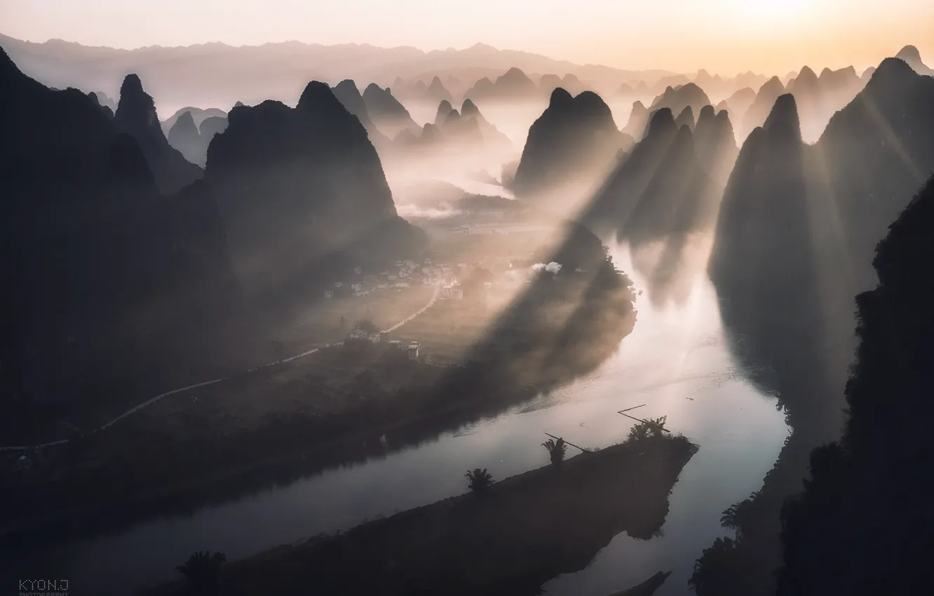 Photo wallpaper light, mountains, river, hills, China